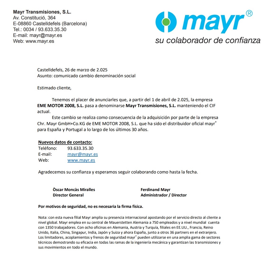 Comunicado Mayr